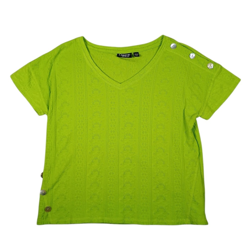 Onque Casual Short Sleeve Ribbed Knit Shirt V-Neck & Side Hem Buttons Green - Picture 1 of 8